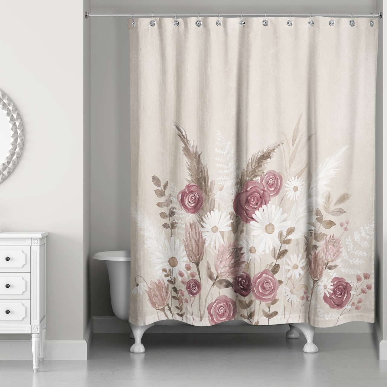 Boho Flowers Mauve Beige 71" x 74" Shower Curtain